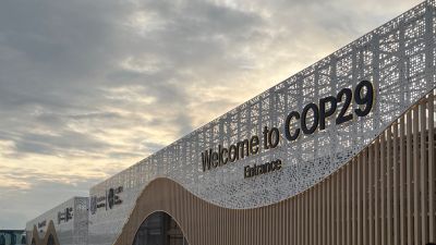 Welcome to COP29 building signage